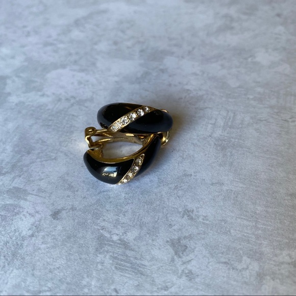 Vintage Black Enamel & Crystal Thin Hoop Clip Ons - Picture 4 of 6